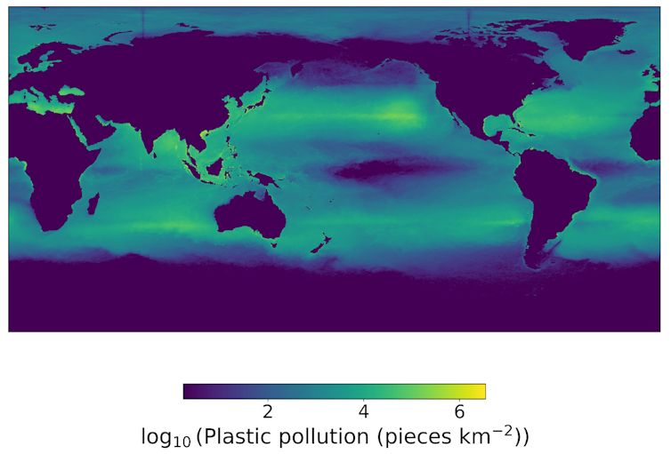 This map shows the distribution of plastic pollution in the ocean.