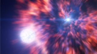 The purple and pink image shows the death of the great star.  A white orb is seen racing towards the viewer on the left side of the screen and a bright star is seen in the middle of the purple and pink gas-like fields.